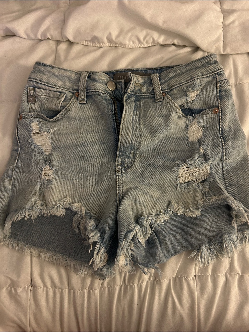 Just USA Light Blue Distressed Frayed-Hem Denim Shorts